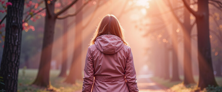 Back view woman in pink jacket walking misty forest for blogs websites social media posts breast cancer awareness month campaigns and prevention education materials