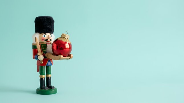赤いオーナメントを抱えるくるみ割り人形