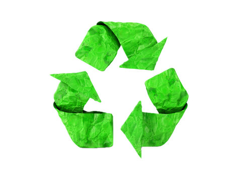 Green recycling symbol made from crumpled paper, isolated on a white background, representing sustainability, waste reduction, environmental conservation, reuse