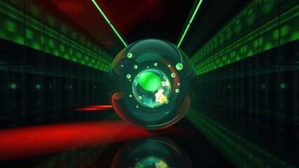 Fototapeta premium Futuristic tunnel with glowing sphere. Red, green light creates dynamic perspective. Reflective surface adds depth, visual impact.