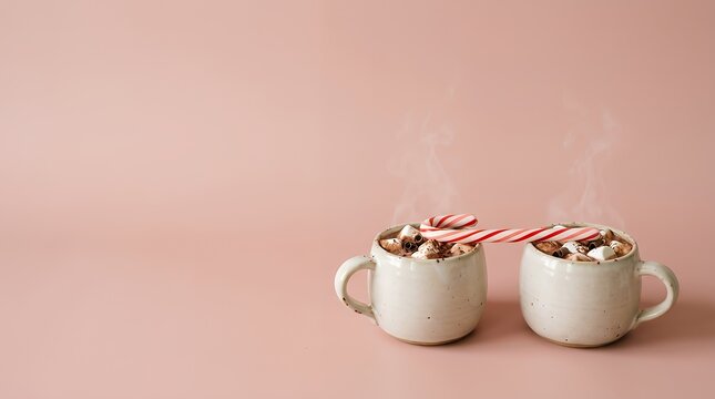 マシュマロとキャンディケインを添えた2杯のホットチョコレート