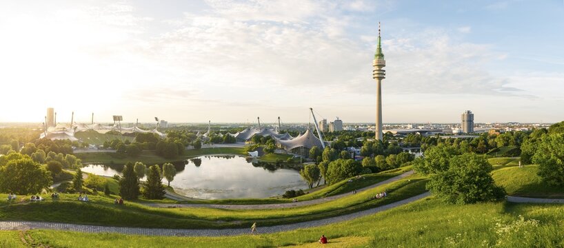 Olympic Area, park with olympic lake and television tower, Olympiaturm, Theatron, Olympiapark, Munich, Upper Bavaria, Bavaria, Germany