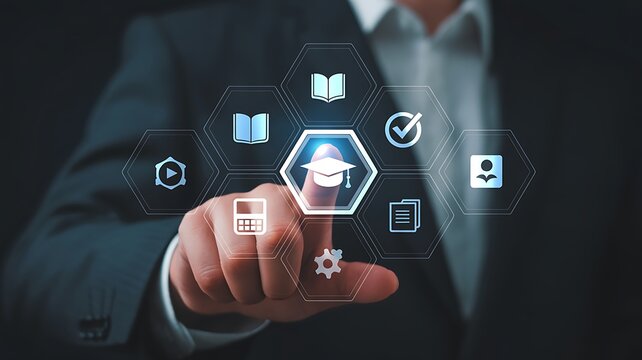 Businessman Touching Virtual Screen with Online Education and E-Learning Icons in Futuristic Digital Classroom Concept