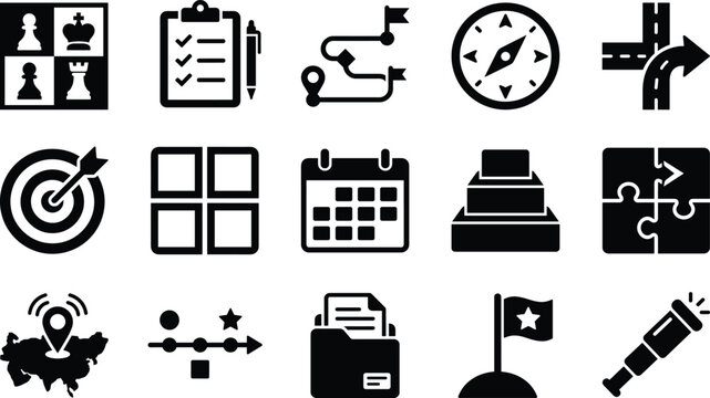 Set of diverse business management and strategy icons in flat black design