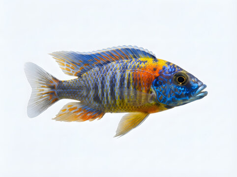 Vibrant blue and orange cichlid fish isolated on white background for marine life illustration
