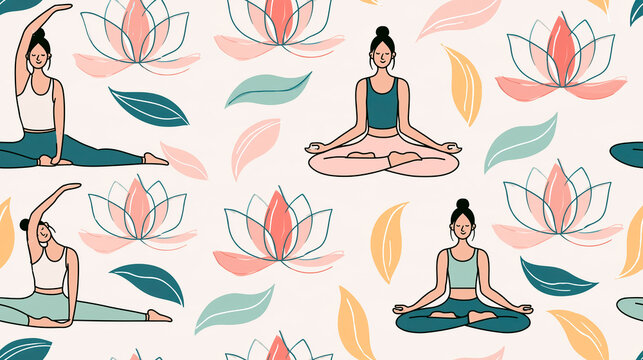 Flat design seamless pattern of a girl in a yoga pose.