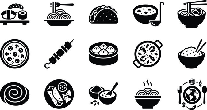 Collection of various international food icons featuring traditional dishes and global culinary items