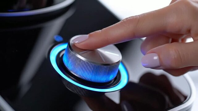 Woman turning metallic dial on modern smart kitchen appliance with glowing blue led light control panel