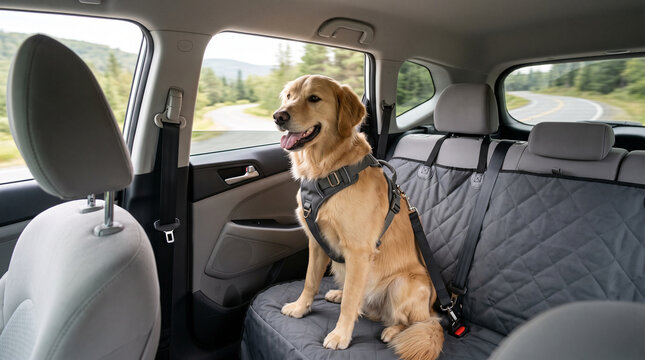Golden retriever sitting in back seat of car during road trip  