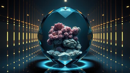 Fototapeta premium Coral inside crystal sphere. Futuristic setting, glowing lines create tunnel effect. Dark background emphasizes bright centerpiece.