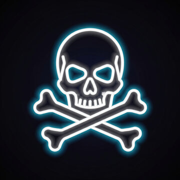 Neon skull and crossbones icon on dark background  