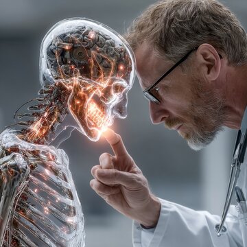Medical professional examining holographic AI brain interface in clinical setting with futuristic technology