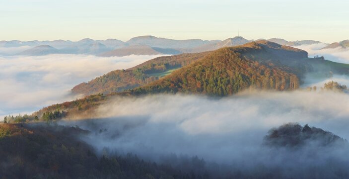 View from the Gisliflue of the Jurassic foothills covered in fog with the water fluh in the morning light, Talheim, Canton, Aargau, Switzerland