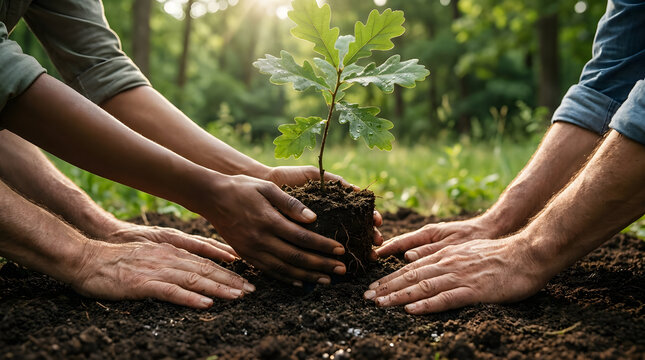 Diverse hands planting a young oak tree sapling in fertile soil symbolizing environmentalism and teamwork in nature