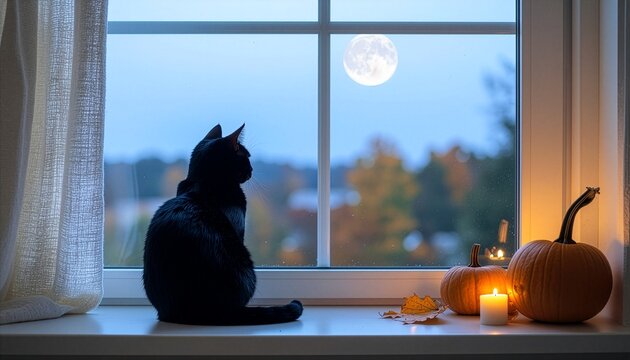 A silhouette of a black cat on a windowsill with pumpkins and a glowing candle, looking outside at a bright full moon and autumn trees during a peaceful evening.
