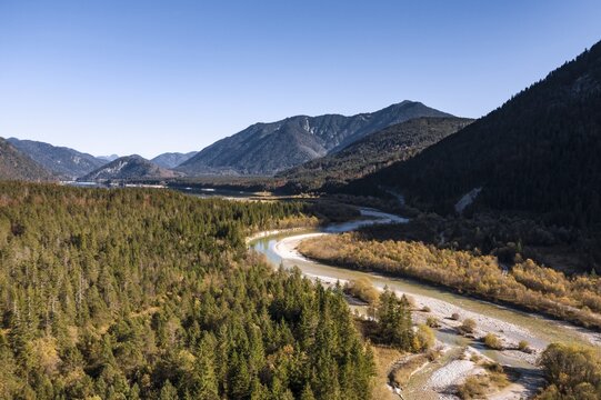 Aerial view, natural riverbed of the upper Isar, wild river landscape Isartal, Bavaria, Germany