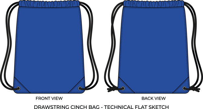 Plain royal blue sport backpack string sack template technical fashion flat sketch outline illustration isolated on white background.