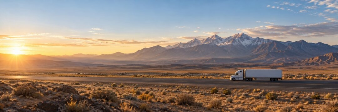 semi truck driving on desert highway against mountain range at sunrise. freight logistics and delivery transport concept. banner, website header with copyspace.