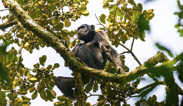 Chimpanzee (Pan Troglodytes), adult male in a tree, eating fruit, Murchison Falls National Park, Uganda