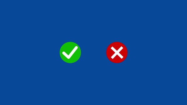 Video footage of yes or no, true or false with alpha channel. pop-up green check mark and red cross X symbol. A check mark in and out motion graphics animation.