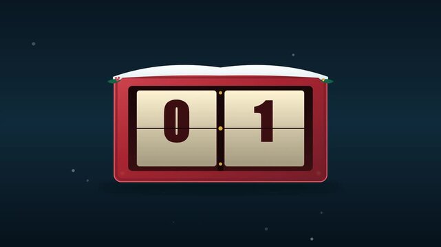 Premium 2D Christmas countdown animation featuring a mechanical flip counter, snow accumulation, realistic panel movement and a festive Christmas tree reveal at the final countdown. Designed for holid