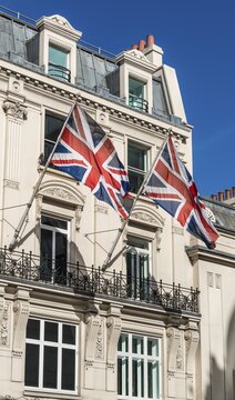 British flags on a house facade, London, England, Great Britain