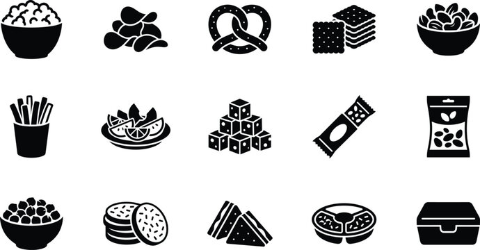 Set of flat vector icons depicting various types of popular snacks