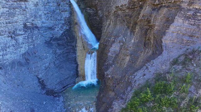 Aerial view from a drone of the Or&oacute;s Bajo waterfall in the village of Or&oacute;s Bajo, Biescas, Alto Gallego region, Huesca, Aragon, Spain, Europe.