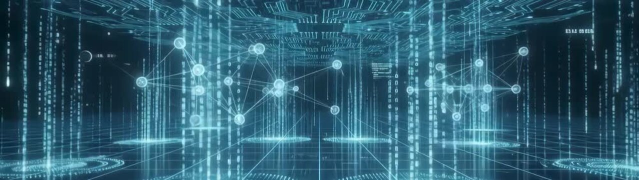 Digital transformation and big data concept abstract cyberspace grid with glowing binary code rain futuristic technology background for software development and artificial intelligence.