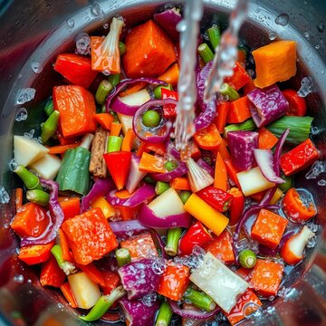 Fresh vegetables scraps being washed away down the drain, food storage, food waste