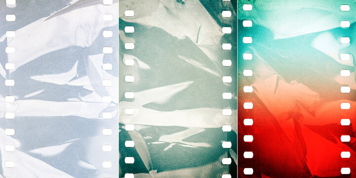 Collection of images with dusty and grungy 35mm film textures or surfaces. Perforated scratched camera film isolated on white background.