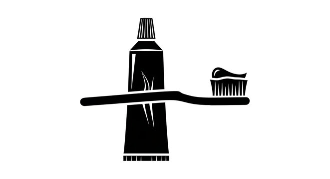 Black silhouette icon of a toothbrush and toothpaste tube on white