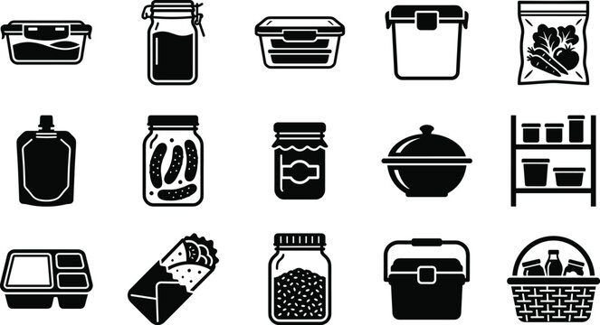 Set of food storage containers and packaging icons in flat style