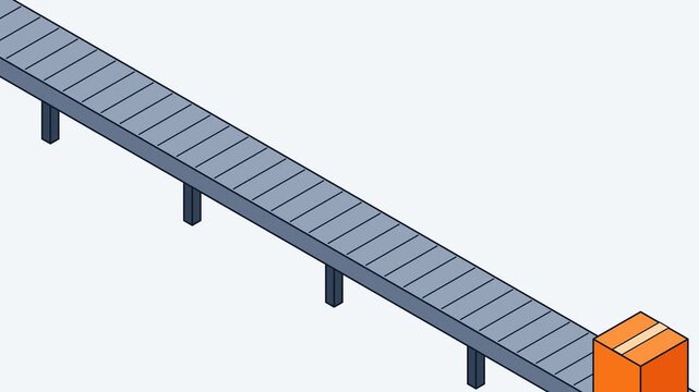 Isometric Supply Chain Animation With Orange Box On Gray Conveyor Belt