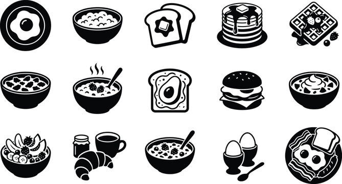 Set of black and white breakfast food icons including eggs pancakes toast and porridge