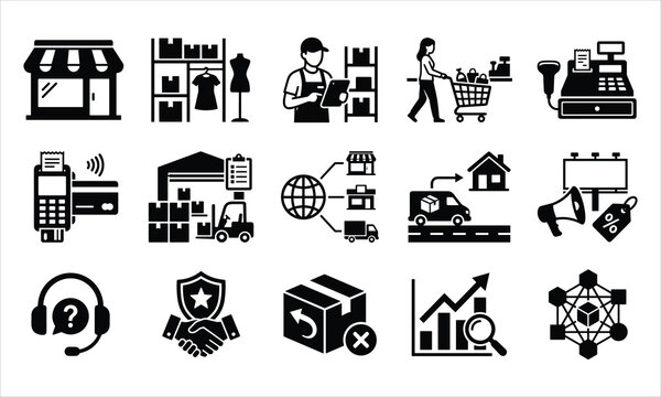 Set of black retail and logistics icons representing shopping commerce shipping
