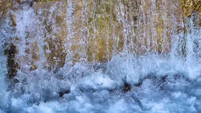 Aerial view from a drone of a dam in the vicinity of the Or&oacute;s Bajo waterfall in the village of Or&oacute;s Bajo, Biescas, Alto Gallego region, Huesca, Aragon, Spain, Europe.