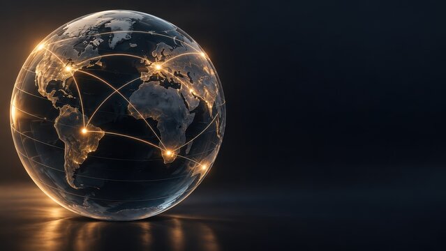 illuminated digital globe with glowing network connection lines over dark background. global communication, business technology banner, website header with copyspace.