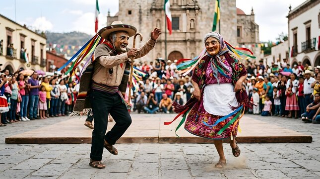 Traditional dancers in elderly masks perform at a festive street event
