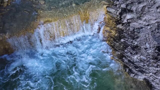 Aerial view from a drone of a dam in the vicinity of the Or&oacute;s Bajo waterfall in the village of Or&oacute;s Bajo, Biescas, Alto Gallego region, Huesca, Aragon, Spain, Europe.