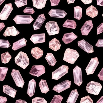 Seamless pattern with pink quartz crystals and gemstones on black background