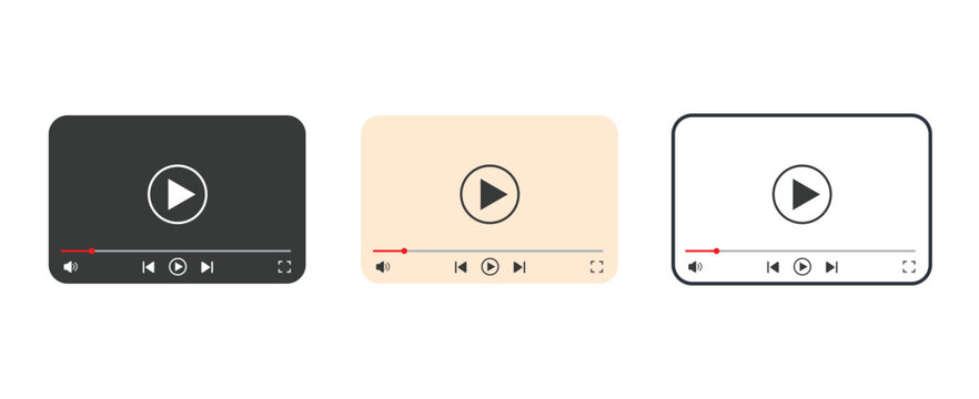 Video Player Interface Vector Set with Play, Pause, Volume, and Fullscreen Controls
