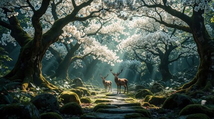 Obraz premium Two wild deer stand on stone path in magical forest. White flowering trees create dreamy canopy above animals. Bright sunlight rays filter through branches in misty woods. Peaceful nature scene with