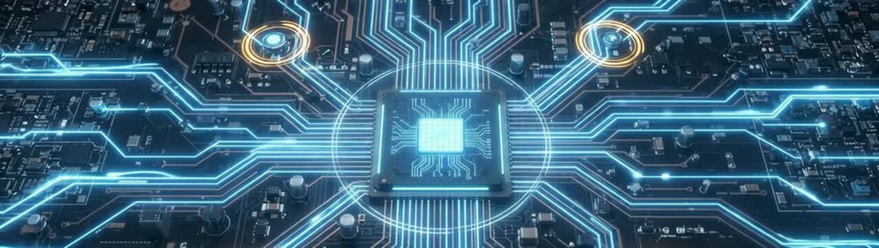 Artificial intelligence and data processing concept glowing blue light pulses moving through a computer motherboard circuit board digital technology.