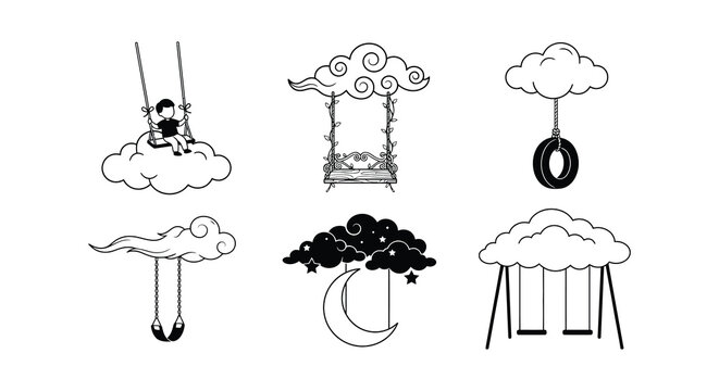Collection of whimsical cloud and swing set vector illustrations on white