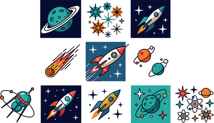 Retro Space Astronomy Badges Icons Set Rocket Satellite Comet Planets Stars Cosmic Adventure Clipart Vector Illustration © MdKhayrul