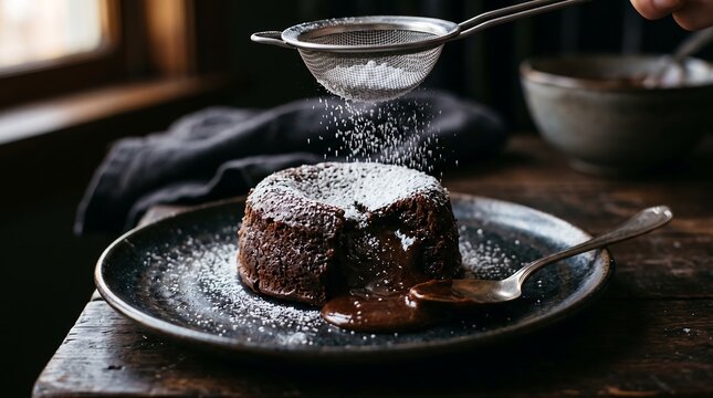 Decadent chocolate lava cake, a rich molten dessert with powdered sugar dusting. Warm, gooey chocolate souffle, perfect for gourmet restaurant menus and sweet indulgence.