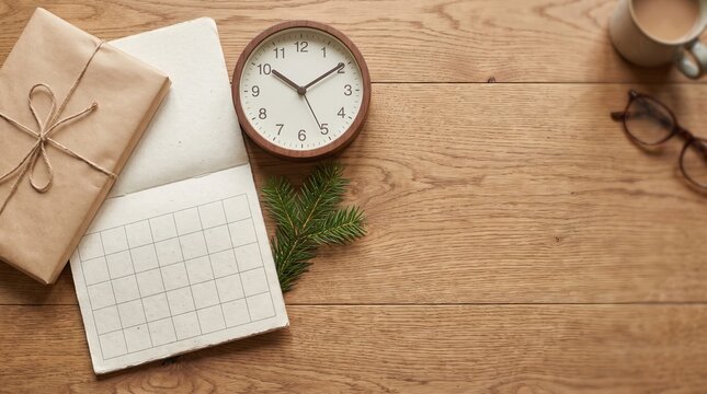 Holiday parcel beside calendar and clock for shipping deadline