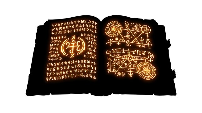 Open magic spellbook with glowing ancient runes on dark pages