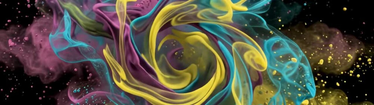 Color explosion and creativity concept vibrant pink blue and yellow powder burst with liquid paint splashes slow motionon black background.